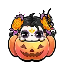 a cartoon drawing of a person with flowers in their hair peeking out of a pumpkin