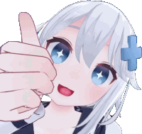 a cartoon girl with white hair and blue eyes is giving a thumbs up