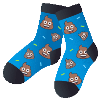 a pair of blue socks with a pattern of poop faces on them