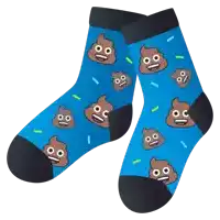 a pair of blue socks with a pattern of poop faces on them