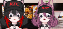 two anime girls wearing kfc hats in front of a kfc menu