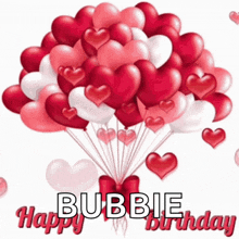 a bunch of red and pink heart shaped balloons with the name bubble on it