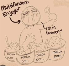 a drawing of a man holding a spoon with the words " multifandom enjoyer " written above him