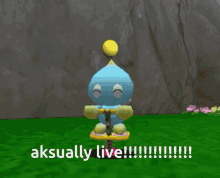 a video game character sitting on a seesaw with the words aksually live