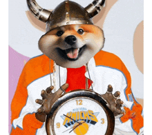 a dog wearing a viking helmet is holding a clock that says new york knicks on it