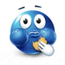 a blue smiley face is eating a cookie .