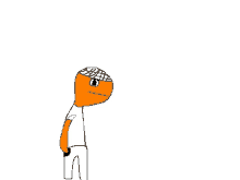 a drawing of a cartoon character with an orange head and a white shirt