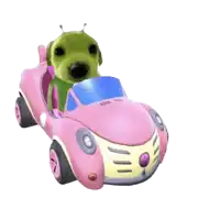 a dog is sitting in a pink car with antennas on its head