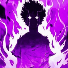 a person is standing in front of a purple background with purple flames coming out of their head .