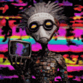a colorful painting of a cartoon character holding a tv screen with the letter t on it