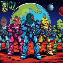 a group of robots are standing in front of a planet with the word ricz on the top