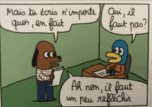 a cartoon shows a dog and a duck talking about writing