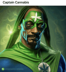 a picture of snoop dogg in a green superhero costume with the caption captain cannabis