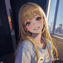 a picture of a blonde anime girl with blue eyes and a facemoji ai logo