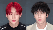 a man with red hair and a man with black hair are looking at the camera .