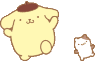 a cartoon drawing of pompompurin and a white cat