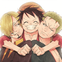 a drawing of luffy sanji and roronoa zoro hugging each other