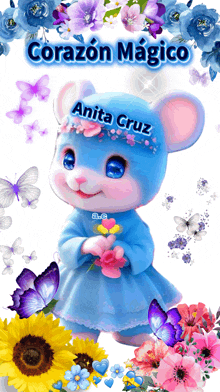 a picture of anita cruz with flowers and butterflies around her