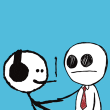 a stick figure wearing headphones and a red tie talks to another stick figure