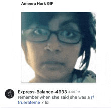 a gif of a woman with glasses and the words ameera hork gif on the bottom