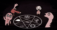 a group of cartoon characters standing around a pentagram with symbols on it