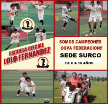 a poster for escuela oficial lolo fernandez shows boys playing soccer