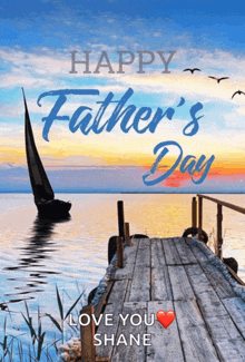 a happy father 's day card with a dock and a sailboat