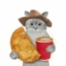 a cat wearing a cowboy hat and holding a cup of soda and a piece of cheese .