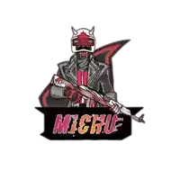 a logo for michue shows a man with horns holding a rifle