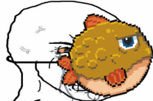 a pixel art drawing of a fish with the letter r on its face