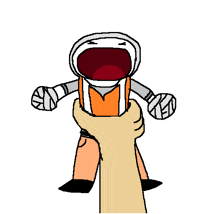 a hand is holding a cartoon character with a bandaged arm and leg