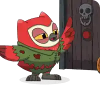 a cartoon owl is standing in front of a wooden door