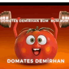 a cartoon tomato lifting a barbell with the words domates demirhan written below it