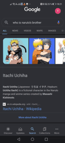 a screenshot of a google search for naruto 's brother itachi uchiha