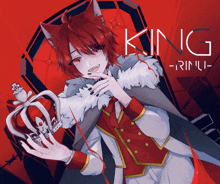 a red haired anime character holding a crown with the words king -rinu- below him