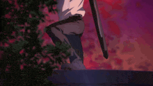 a man in a white shirt and black pants is holding a large sword