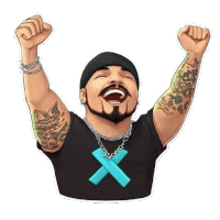 a cartoon of a man with his arms in the air wearing a black shirt with an x on it