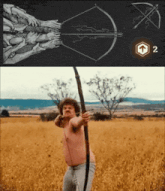 a man without a shirt is holding a bow and arrow in a field with the number 2 on the bottom