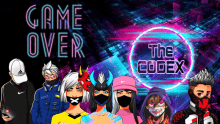 a group of people wearing masks are standing in front of a neon sign that says game over the codex