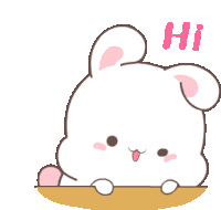 a cartoon rabbit is sitting on a wooden table and saying hi .