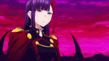 a girl with purple hair is wearing a red cape with gold buttons