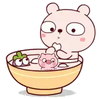 a cartoon bear and a pig are sitting in a bowl of soup .