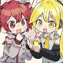a drawing of two anime characters looking at a phone