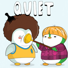 a cartoon of two penguins with the word quiet on the top