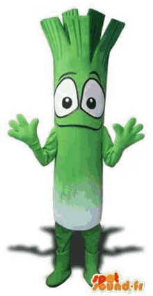 a green onion mascot costume with a cartoon face .