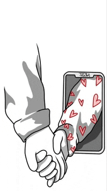 a man and a woman are holding hands in front of a cell phone with hearts on it .