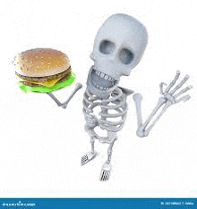 a 3d cartoon skeleton is holding a hamburger in his hands .