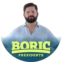 a man with a beard stands in front of a poster that says boric presidente