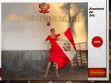 a woman holding a flag in front of a consulado general del peru