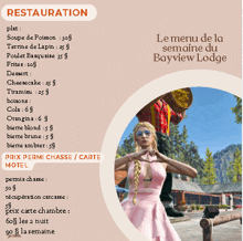 a flyer for le menu de la semaine du bayview lodge shows a woman in a pink dress